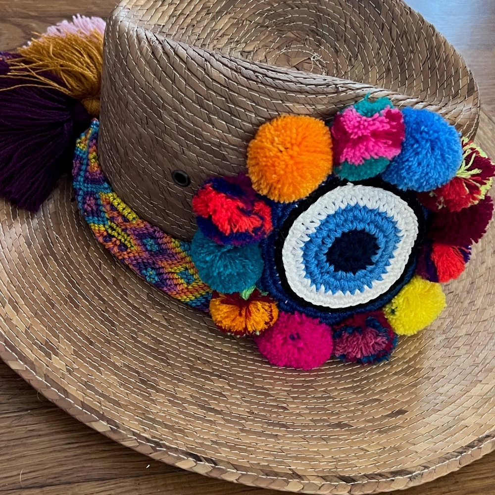 Vibrant Fun In the Sun Multicolor Pom Pom Evil Eye Protection Sunhat Beach Hat - Picture 5 of 8